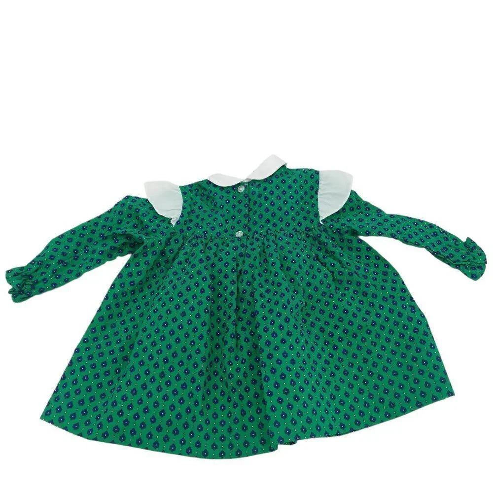 Vintage Sears Ruffle Collar Prairie Dress Size 20lbs 6-9 months Bow Floral Green